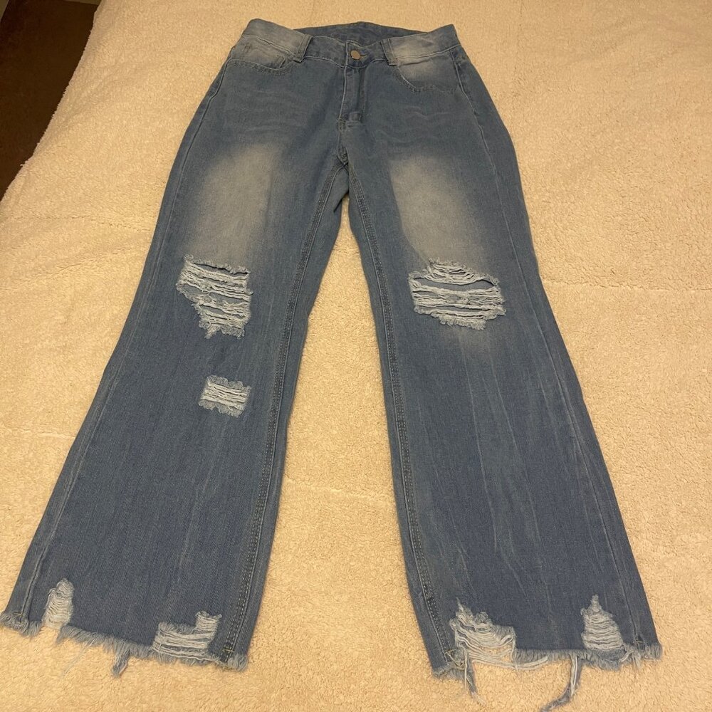 Distressed Blue Wide-Leg Denim Jeans Medium Size‎